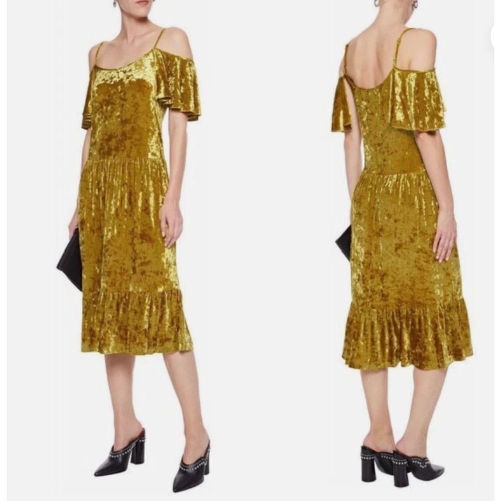 Rebecca Minkoff Buffy Dress Womens XXS Gold Crushed Velvet Cold Shoulder Chic